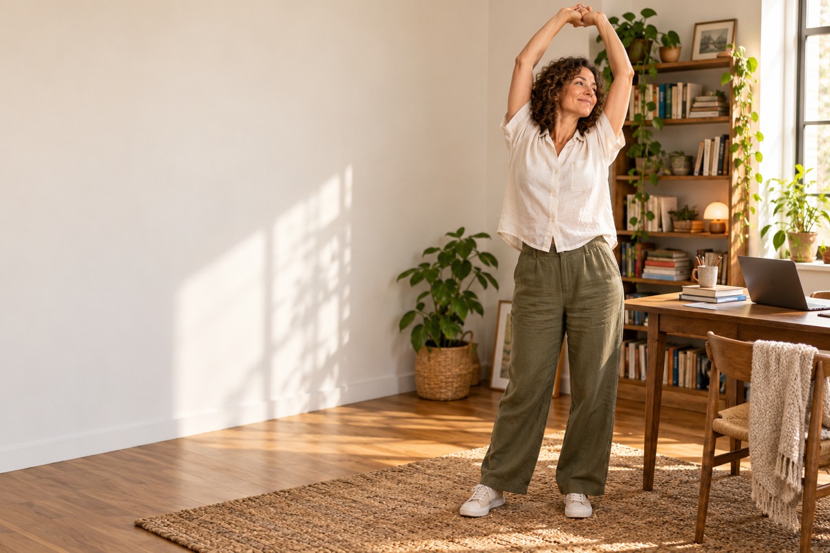 Mulher se alongando em casa, com luz natural